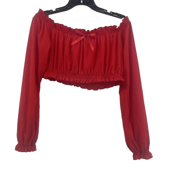 Red Crop Top Womens‎ Medium Renaissance Peasant Festival Club Ruffle Bow - Picture 1 of 6